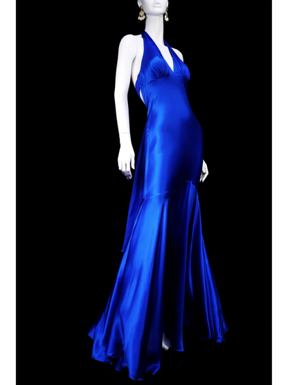 Vintage Stunning Blue Mermaid Halter Satin Open Back Prom Dress Evening Dress SH5129