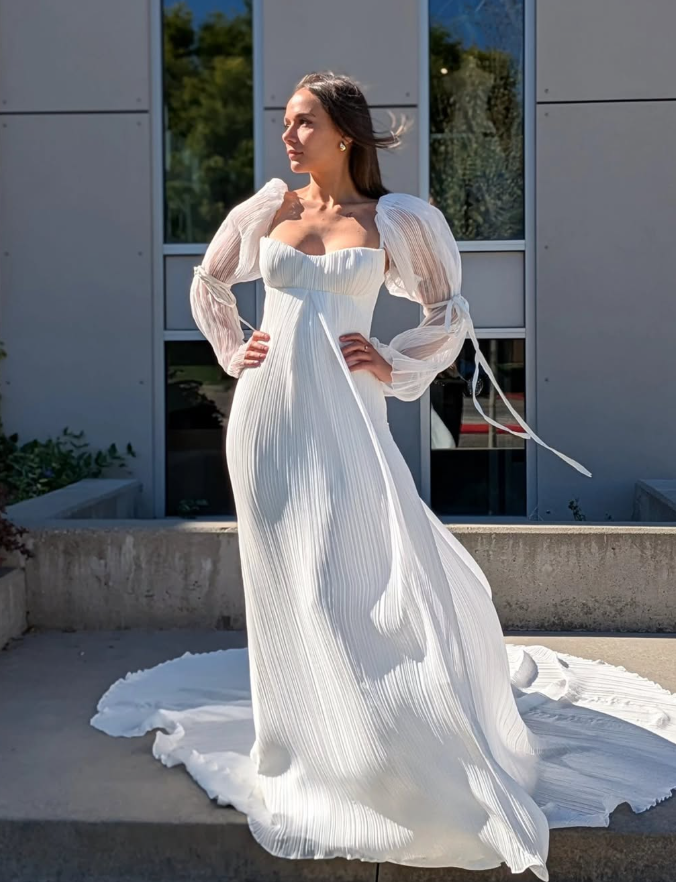 Ethereal A Line Long Sleeve White Chiffon Long Wedding Dress SH6997