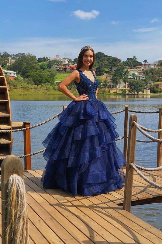 Elegant Navy Blue V Neck Layered Tulle Beaded Prom Dress,Long Formal Evening Dress SH793