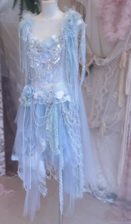 Baby Blue A Line Straps Floral Beaded Tulle Short Prom Dress 16th Birthday Dress SH4263
