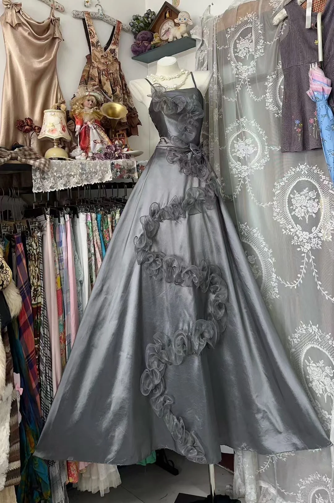 Glorious Grey A Line Spaghetti Strap Organza Satin Prom Dress Evening Dress SH5624