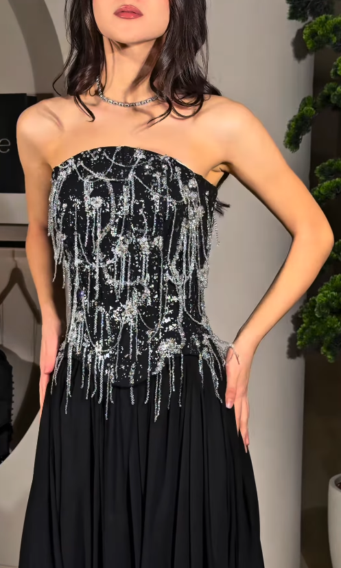 Stunning Beading A Line Strapless Black Satin Long Prom Dress Evening Dress SH6747