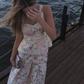 Two Piece A Line Straps Pink Print Floral Satin Prom Dress Evening Dress SH6355