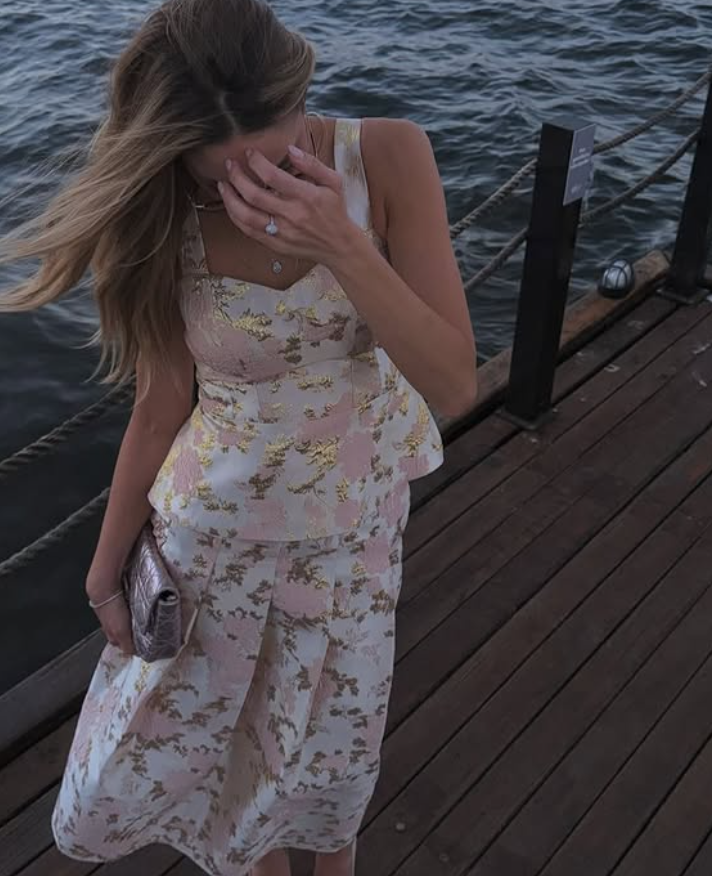 Two Piece A Line Straps Pink Print Floral Satin Prom Dress Evening Dress SH6355