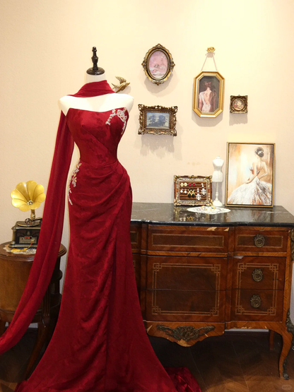 Red Mermaid Strapless Beaded Print Satin Prom Dress Evening Dress SH7364