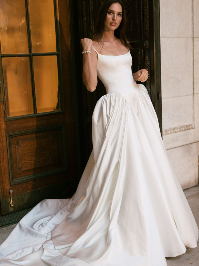 Beautiful A Line Spaghetti Strap White Simple Satin Wedding Dress SH6033