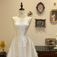 Cute Bow A Line Strapless Ivory Satin Prom Dress Wedding Dress SH7369