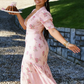 Cute A Line V Neck Print Flower Pink Lace Satin  Prom Dress Evening Dress SH2345