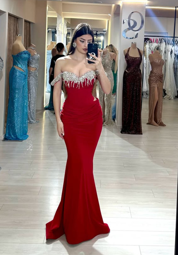 Sexy Mermaid Off the Shoulder Beaded Red Satin Long Prom Dress Evening Dress SH4797