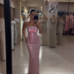 Pink Sheath Spaghetti Strap Exquisite Rhinestone Long Satin Ball Gown Evening Dress Prom Dress SH4824