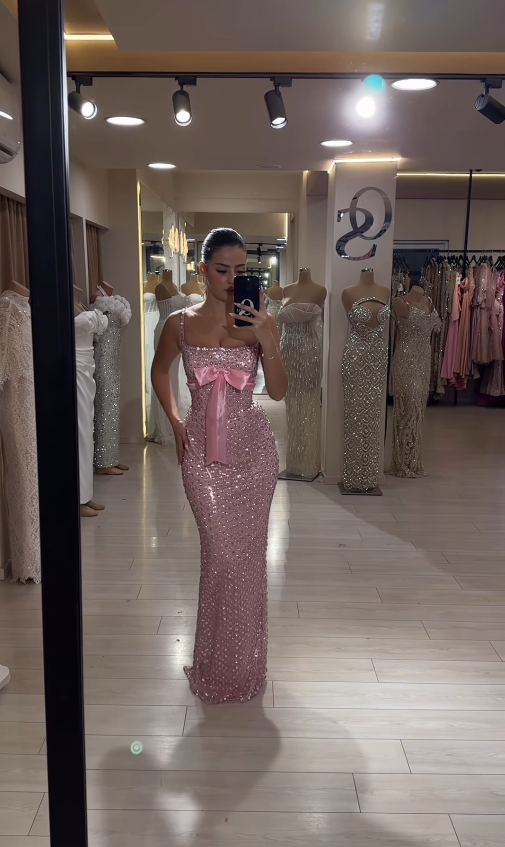 Pink Sheath Spaghetti Strap Exquisite Rhinestone Long Satin Ball Gown Evening Dress Prom Dress SH4824