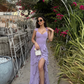 Lilac Flowy Sheath Spaghetti Strap Ruffle Chiffon Prom Dress Party Dress with Slit SH4016