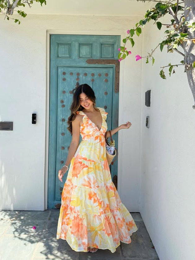Yellow A Line Strap Orange Print Floral Chiffon Prom Dress Vacation Dress SH6256