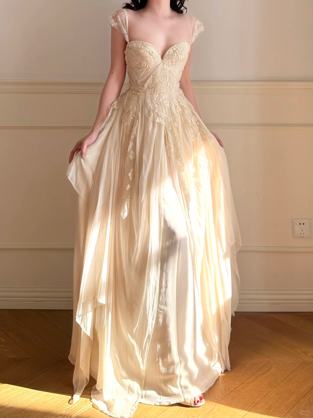 Vintage Sweety A Line Straps Apricot Lace Chiffon Wedding Guest Dress Prom Dress SH5441