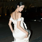 Elegant A Line Off the Shoulder White Ruffle Satin Long Prom Dress SH5293
