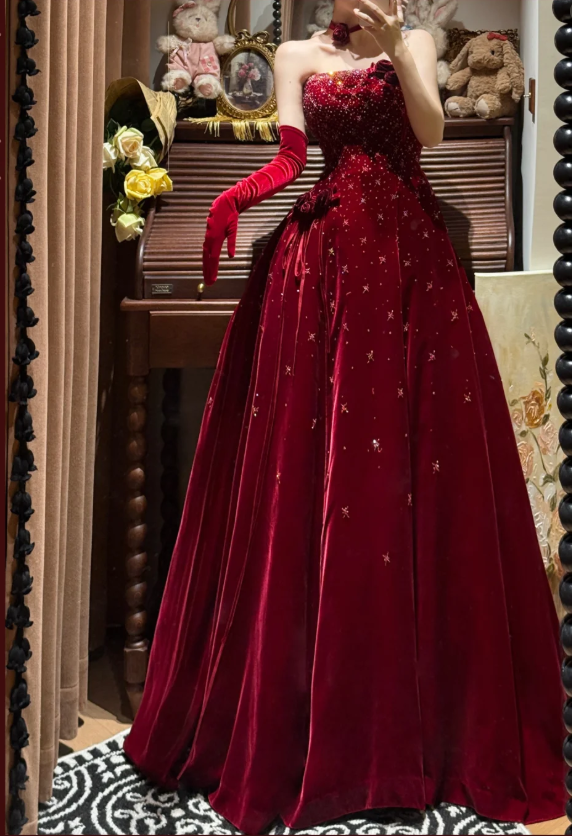 Burgundy A Line Strapless Beaded Velvet Long Prom Dresses 16th Birthday Dresses SH4635