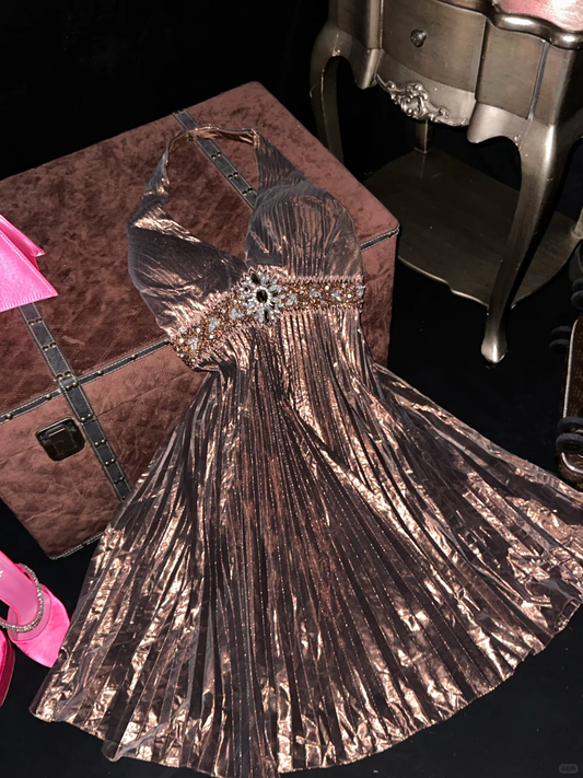 Unique A Line Halter Rhinestone Brown Satin Short Homecoming Dress Cocktail Dress SH3162