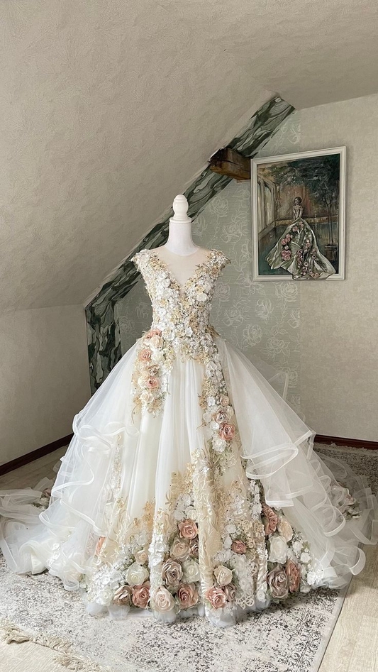 Off White 3D Floral Ball Gown Tulle Long Prom Dress Wedding Dress Quinceanera Dress SH1006