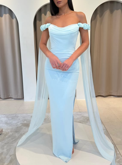 Baby Blue Sheath Off the Shoulder Floral Chiffon Satin Prom Dress SH5546