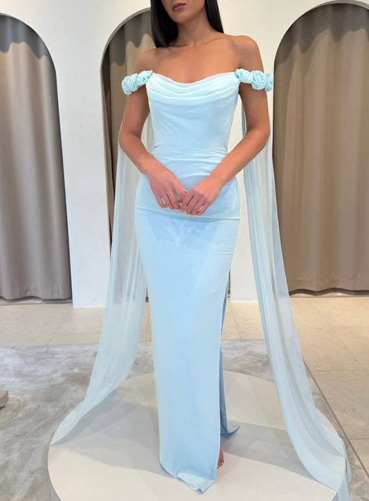 Baby Blue Sheath Off the Shoulder Floral Chiffon Satin Prom Dress SH5546