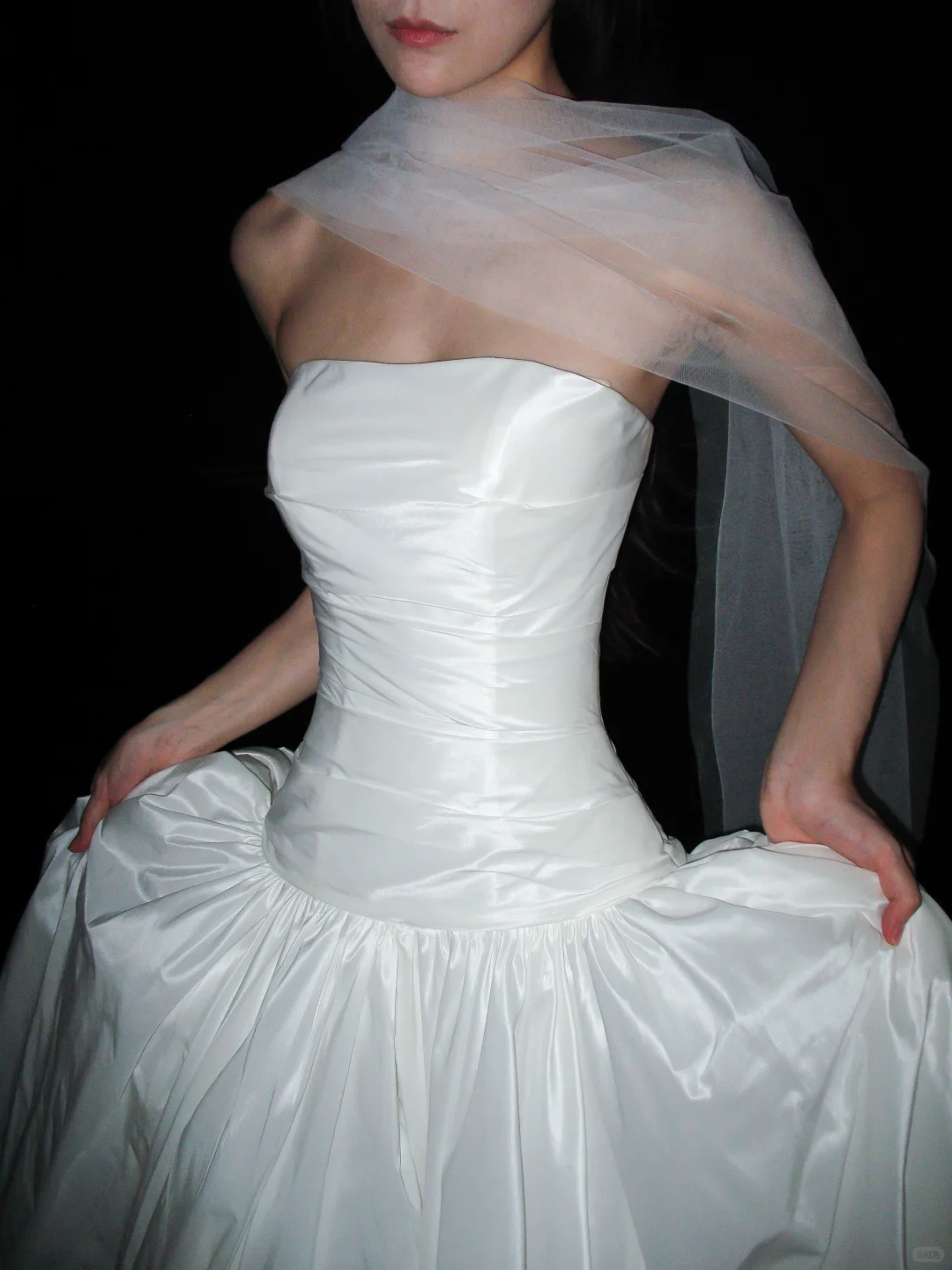 Elegant White Ball Gown Strapless Pleated Satin Long Train Wedding Dress SH8897