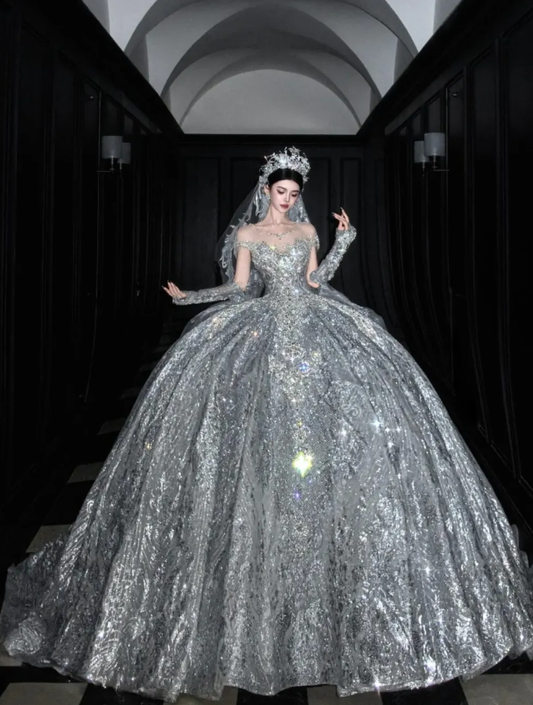 Silver Sequin Ball Gown Round Neck Prom Dress Evening Dress Party Dress SH3614