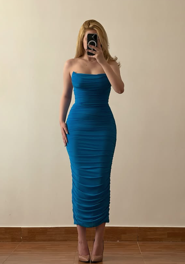 Blue Sheath Strapless Pleated Satin Tea Length Prom Dress Evening Dress SH6830