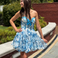 Cute Blue Print Floral A Line Sweetheart Neck Chiffon Short Prom Dress Homecoming Dress SH6590