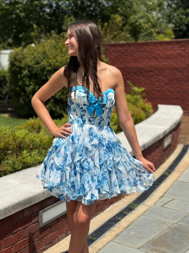 Cute Blue Print Floral A Line Sweetheart Neck Chiffon Short Prom Dress Homecoming Dress SH6590