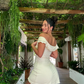 Simple Light Apricot A Line Off the Shoulder Satin Short Outfit Party Dress Vacation Dress SH3521