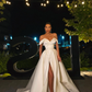 Elegant A Line Off the Shoulder Ivory Satin Long Prom Dress Wedding Dress with Slit SH6114
