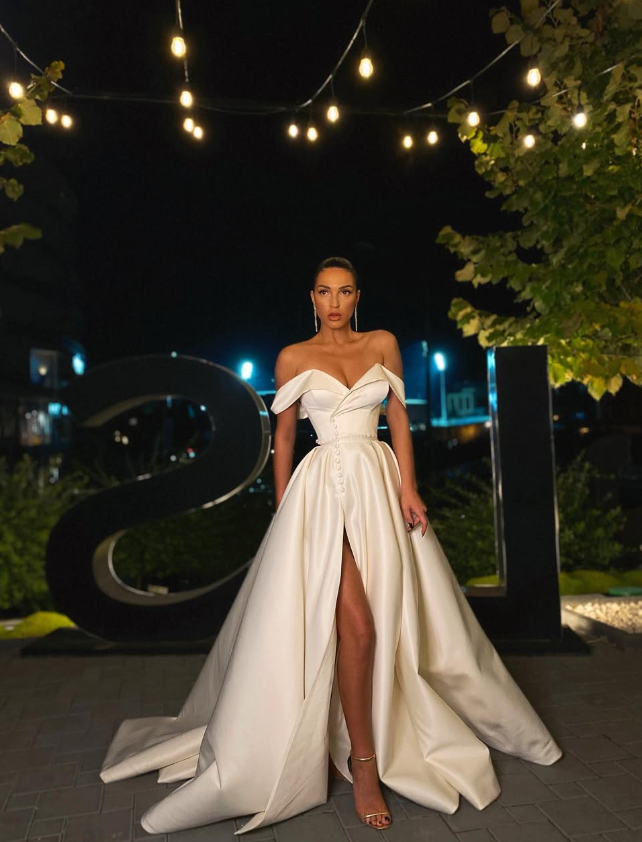 Elegant A Line Off the Shoulder Ivory Satin Long Prom Dress Wedding Dress with Slit SH6114