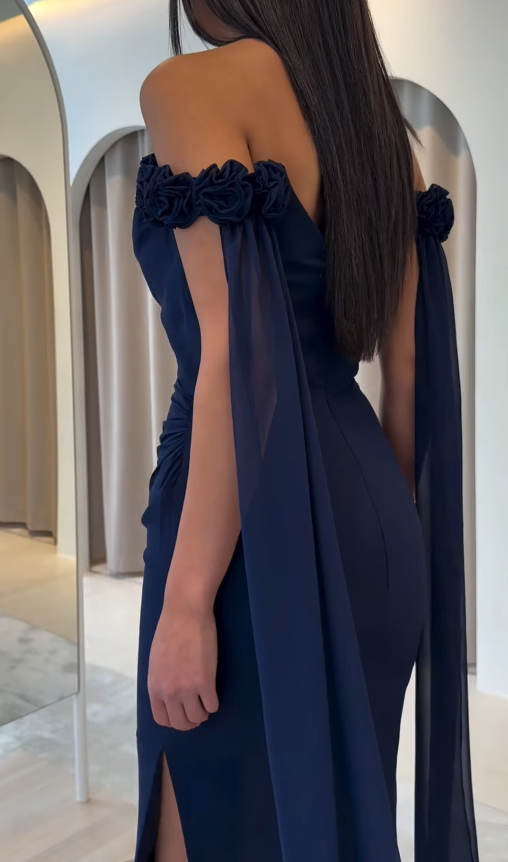 Baby Blue Sheath Off the Shoulder Floral Chiffon Satin Prom Dress SH5546