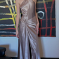 Simple A Line Halter Brown Satin Open Back Long Prom Dress Graduation Prom Dress with Slit SH2594