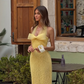 Cute Yellow Sheath Halter Beaded Bow Tulle Long Prom Dress Party Dress SH4815