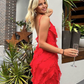 Red Sheath Spaghetti Straps Ruffles Chiffon Prom Dress Evening Dress with Slit SH1956