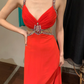 Vintage A Line Spaghetti Strap Red Beaded Sequin Chiffon Long Open Back Prom Dress Evening Dress SH2972