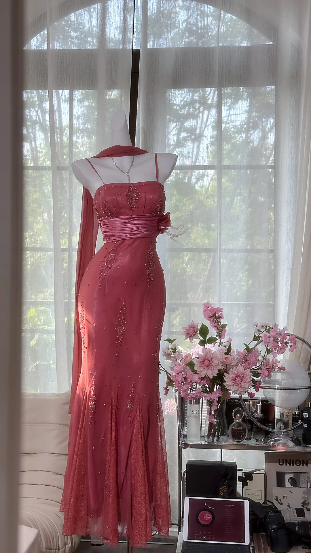 Fairy Red Mermaid Beaded Lace Chiffon Long Graduation Prom Dress SH5345