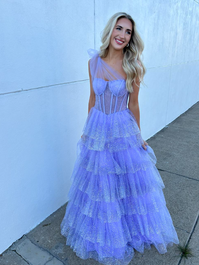 Fairy A Line One Shoulder Layered Sequin Purple Tulle Prom Dress Evening Dress SH6769