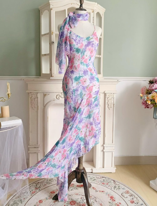 Purple Vintage Mermaid Spaghetti Strap Beaded Print Floral Chiffon Party Dress Prom Dress SH4115