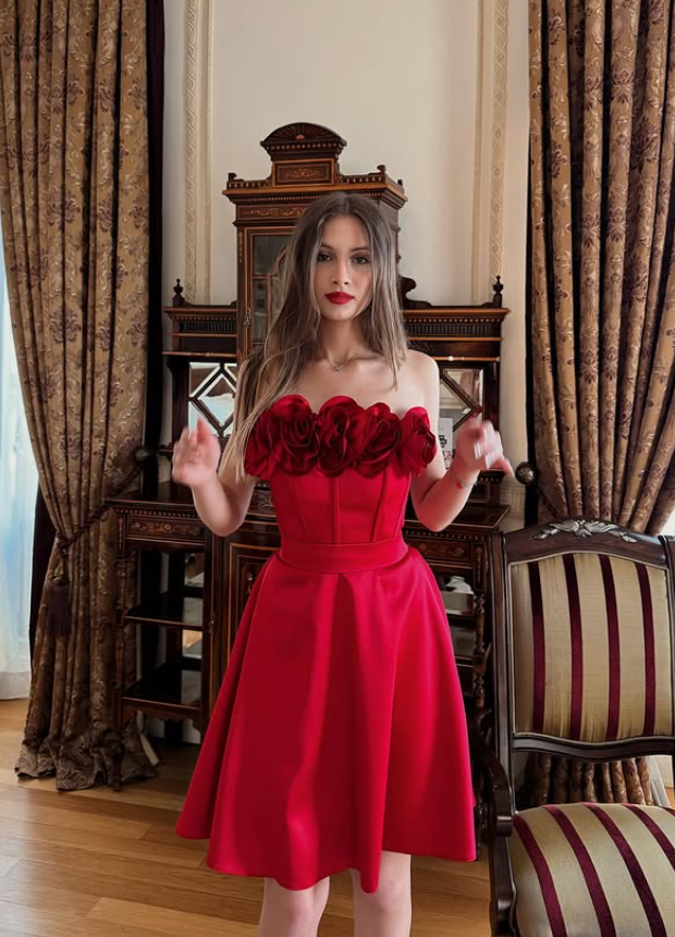 Red A Line Strapless Floral Satin Short Homecoming Dress Party Dress SH4839