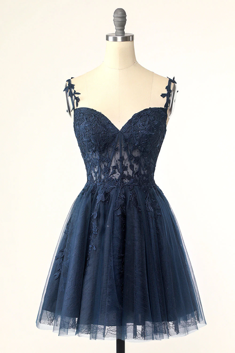 Navy Blue Spaghetti Straps Short Homecoming Dress With Appliques SH577