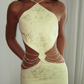 Yellow Embroidered Mermaid Halter Satin Prom Dress Evening Dress SH6272