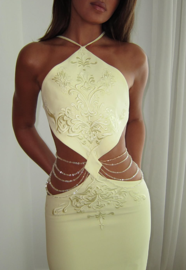 Yellow Embroidered Mermaid Halter Satin Prom Dress Evening Dress SH6272