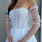 Ethereal A Line Strapless White Pearl Tulle Wedding Dress with Slit SH7116