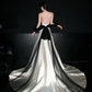 Stunning Black Tulle Bow A Line Halter Pearl White Satin Long Wedding Dress SH5976