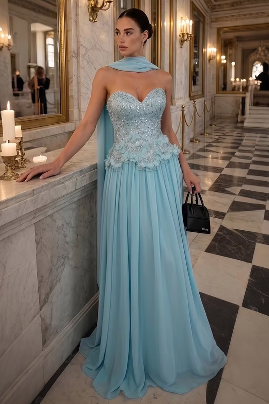 Classy Blue A Line Strapless Beaded Sequin Chiffon Prom Dress Evening Dress SH8562