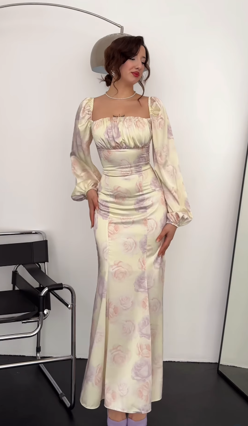 Pretty Mermaid Long Sleeve Print Floral Satin Long Prom Dress Party Dress SH4848