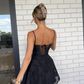Cute A Line Spaghetti Strap Printed Floral Black Tulle Short Homecoming Dress Outfits SH1944