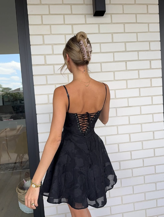 Cute A Line Spaghetti Strap Printed Floral Black Tulle Short Homecoming Dress Outfits SH1944